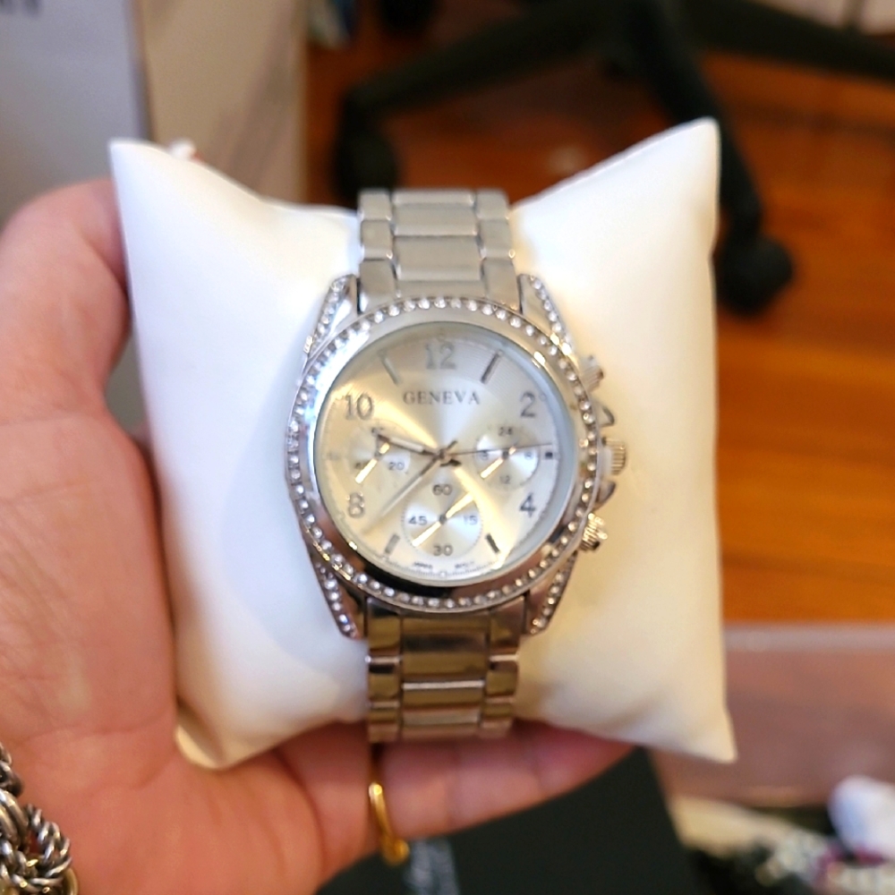Geneva Silver Watch with Crystal Accents
